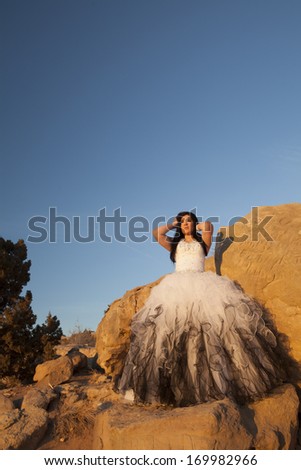 A woman in her formal dress standing on a rock looking away.