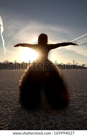 a silhouette of a woman with her arms out in her formal dress on a frozen lake.