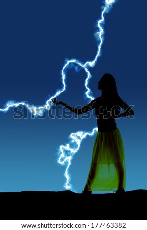 a silhouette of a woman with her hand reaching out to the side.