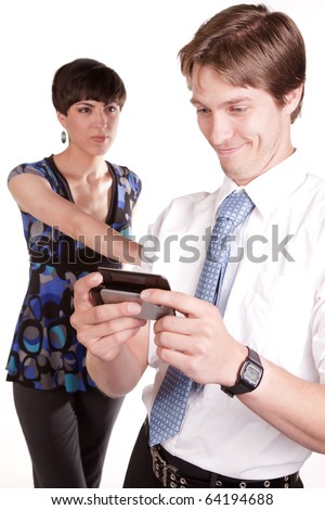 A woman pushing the man away with a angry expression on her face while the man texts with a smirk on his face.