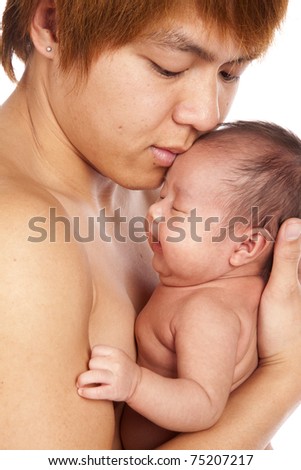 a oriental father holding on to his new baby showing his love and affection on his face.