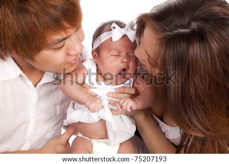 A close up of a tired baby with her mom and dad holding her.