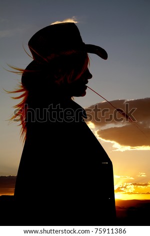 A silhouette of a cowgirl with wheat in her mouth with a beautiful sunset in the background.