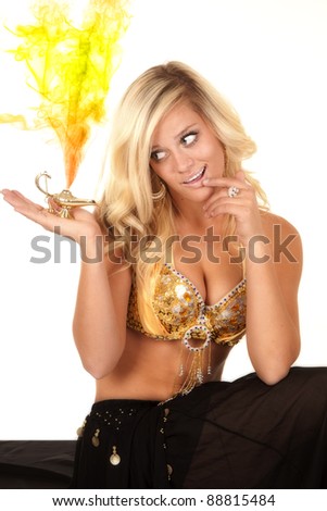 a female genie looking at the smoke coming out of her genie lamp.