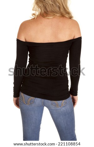 a woman in her black tight fit off the shoulder top.
