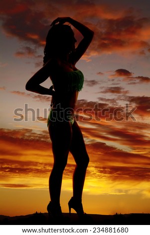 a silhouette of a woman in her bikini with her hand up by her head.