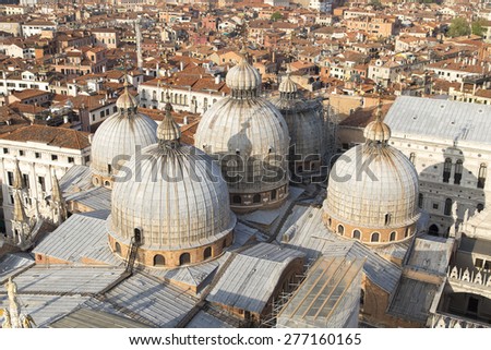 Venice aerial view of looking over Basilica di San Marco roof view in San Marco square