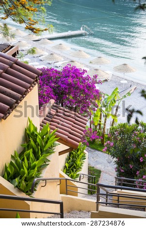Beach house stairs with terrace garden, looking towards the beach umbrellas and loungers near seaside