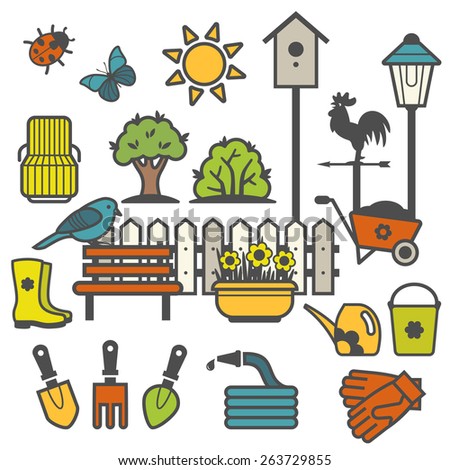Rural landscape with gardening concept. Set of garden tools and accessories icons