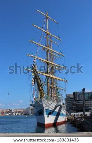 BARCELONA, SPAIN - AUGUST 17: Beautiful sailing boat in Port Vell on on August 17, 2013.   Port Vell is the oldest and largest port in Barcelona