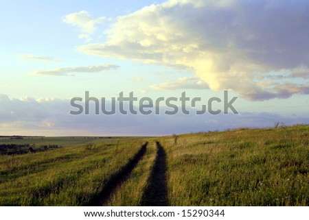 road through the green field at sunset time