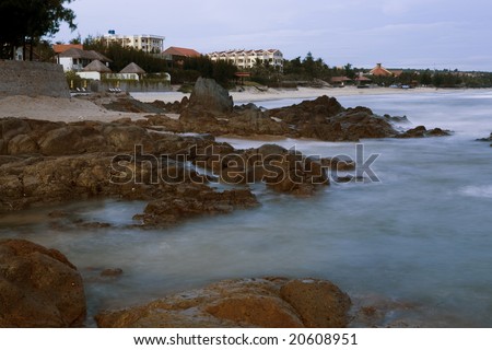coastline with big stones at sunset time