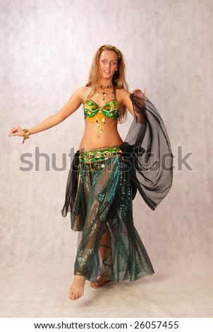 beautiful long hair blonde woman in arabic dance costume