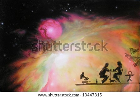 it is a cafe whit the view to the space nebula