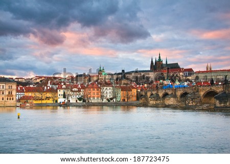 View of some of the main tourist attractions of Prague including Charles Bridge, Prague castle and cathedral.