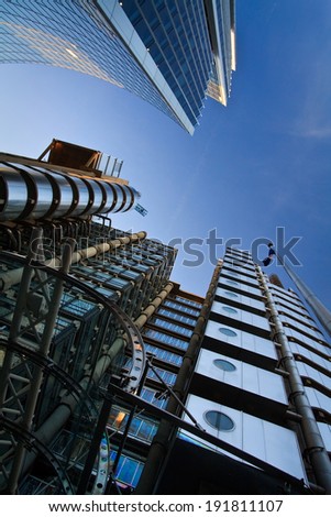 London, UK - October 11 2010: Lloyd\'s building and Willis building in London.