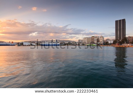 Piraeus, Athens, Greece - May 4 2014: Passenger port and ferries in port of Piraeus, Athens, Greece.