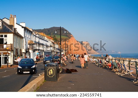 Sidmouth, UK - September 29 2011: Seafront in Sidmouth on a summer day, Devon, UK.