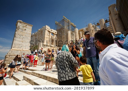 ATHENS, GREECE â?? MAY 03 2015: Tourist in Acropolis, Athens, Greece on May 03 2015.