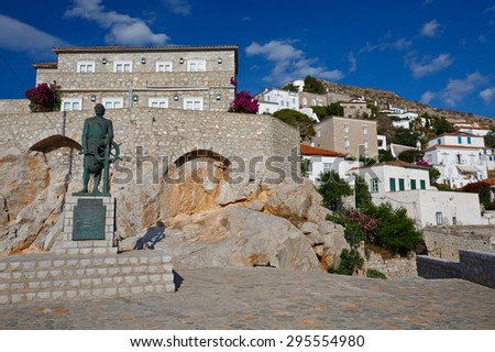 HYDRA, GREECE â?? JUNE 19 2015: Statue of Admiral Miaoulis hero from the Greek War of Independence, Hydra, June 19 2015.