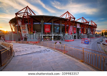 Athens, Greece - November 10, 2015: Karaiskakis stadium - football stadium of Olympiacos FC located in Piraeus as seen from the metro station of Neo Faliro