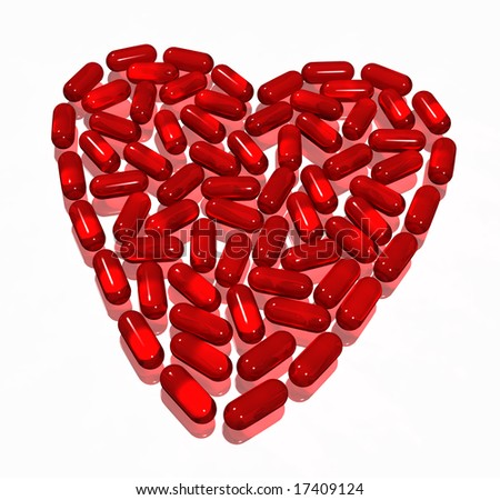 red transparent hearth of capsules on white