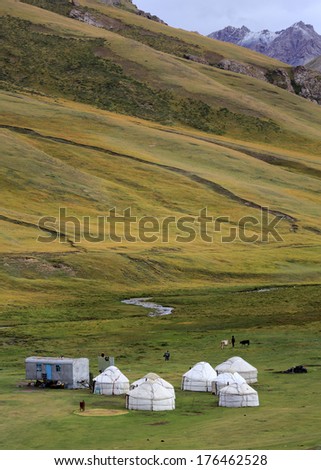 Nomad houses in mountain valley, Naryn oblast, Kyrgyzstan