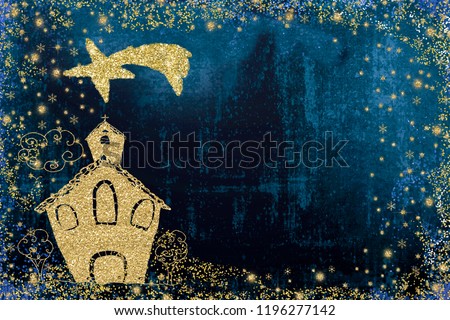 Christmas greeting card. Child\'s drawing of a church with the star of Bethlehem on blue background