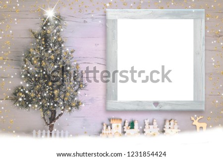 Christmas Nativity photo frame card. Christmas tree and vintage style wooden train and reindeer with empty photo frame to put photo or message