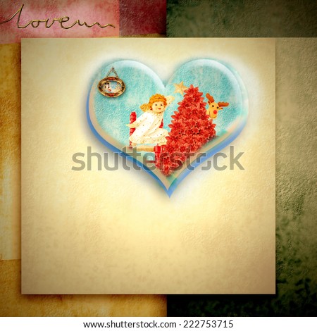 Christmas card with space for writing, Angel in a heart on color paper background