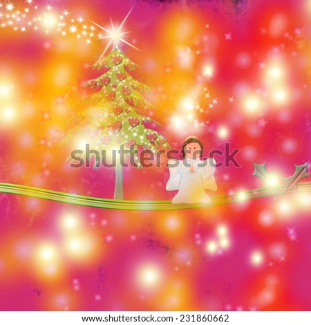 Angel and Christmas tree with hearts on a background of lights