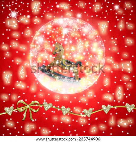 Christmas Time musical greeting card, a vintage rocking horse inside shiny ball  on a red background with stars and musical notes