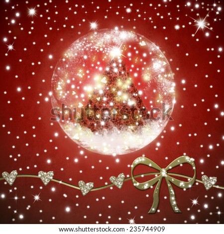 Christmas Time greeting card, a poinsettias Christmas tree  inside shiny ball  on a re background with stars