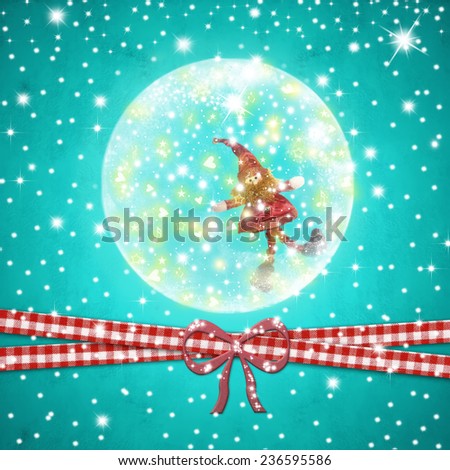 Christmas Time greeting card,Santa elf inside shiny ball  on a turquoise background with stars