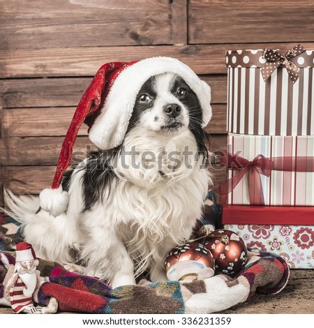 Christmas postcards,  dog with santa hat,claus doll and gift boxes