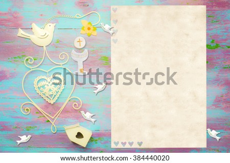 First Communion invitation card, religious symbols on colorful wood and  white space to put photo and text
