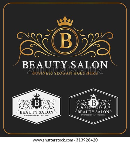 Beauty Salon Heraldic Crest Logo Template Design. Flourish line monogram logotype. Vector illustration