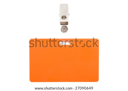 orange badge with metal clip isolated on white background