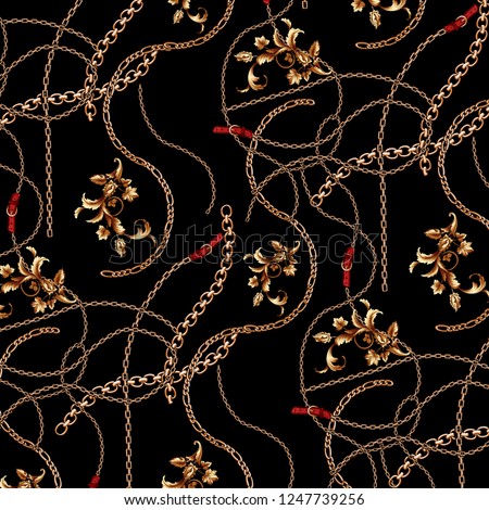 Seamless pattern with chains, baroque and belt for fabric design.