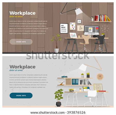 Some business office style in cartoon flat style. Horizontal banner