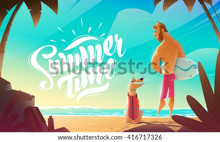Man And Dog On Beach. Summer Moment.