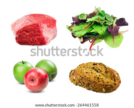 fresh beef slab, Mixed salad baby red leaf, baby spinach & red chard, Cranberry Pumpkin Bread , Red, Green apples on white background.