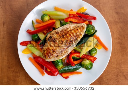 Grilled chicken fillet, breast with cooked vegetable  on plates