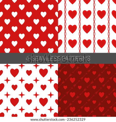 Set of Valentine geometric Patterns with Hearts,star and Cupid arrows in red, dark red and white. Perfect for textile, pattern fills, birthday gift cards, wedding invitations and  wrapping paper.