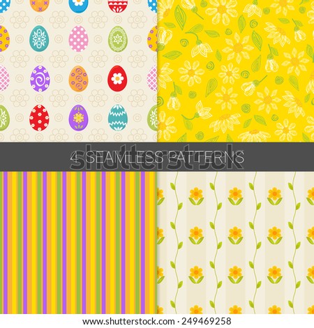 Set of Holiday Easter patterns with colorful Easter eggs, flowers and stripes in yellow, beige, orange, green and white. Perfect for decorating greetings, invitations, gift wrapping paper