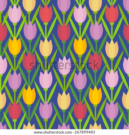 Seamless pattern with flowers tulips on dark blue background. Vector floral illustration. Tulips ornaments.