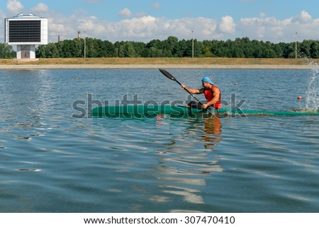 Brest, Belarus - August 14, 2015: Training athletes kayaking. Competitions on single and multi-kayaking.