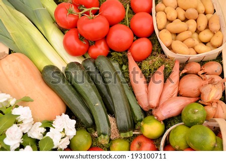background of different vegetables, fruits and flowers
