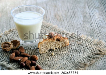 piece of cake with almonds and milk