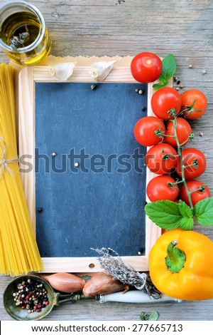 food ingredients Italian food, vegetables and spices, background for text or logo